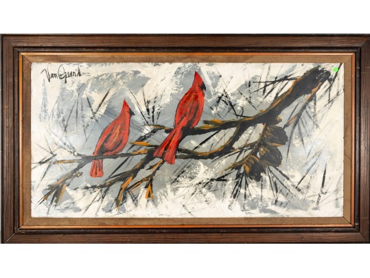 Lee Reynolds Burr (B. 1936) California Redbirds Oil On Canvas Art