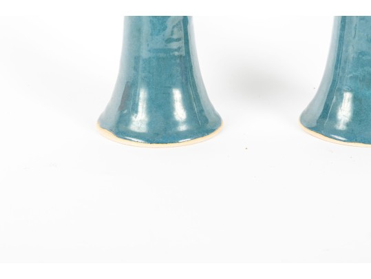 Moore Pots Pottery (Seagrove, NC) Pair Of Blue Glazed Candlestick Holders