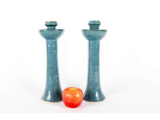Moore Pots Pottery (Seagrove, NC) Pair Of Blue Glazed Candlestick Holders