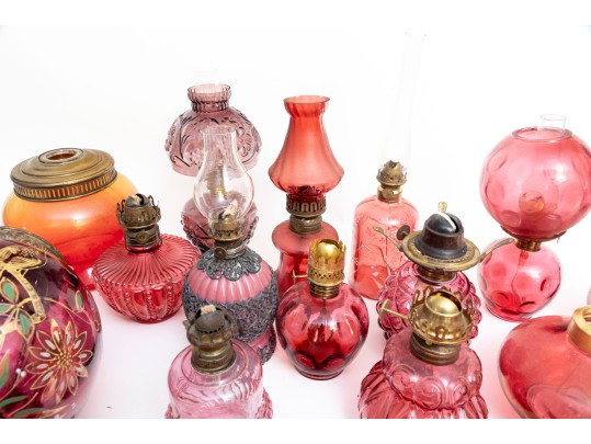 Cranberry Depression Glass Oil Lamps, Shades, And Fonts Incl. Fenton