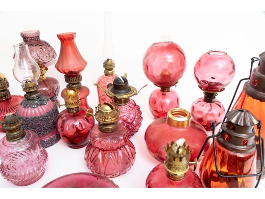 Cranberry Depression Glass Oil Lamps, Shades, And Fonts Incl. Fenton