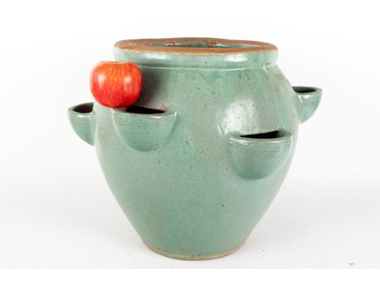 Large Blue-Glazed Redware Strawberry Pot Planter