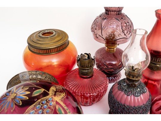 Cranberry Depression Glass Oil Lamps, Shades, And Fonts Incl. Fenton