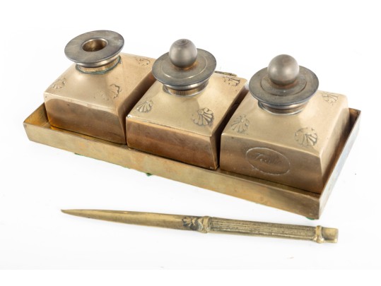 Solid Brass Antique Portuguese Inkwell Set