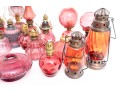 Cranberry Depression Glass Oil Lamps, Shades, And Fonts Incl. Fenton