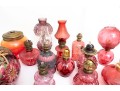 Cranberry Depression Glass Oil Lamps, Shades, And Fonts Incl. Fenton