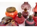 Cranberry Depression Glass Oil Lamps, Shades, And Fonts Incl. Fenton