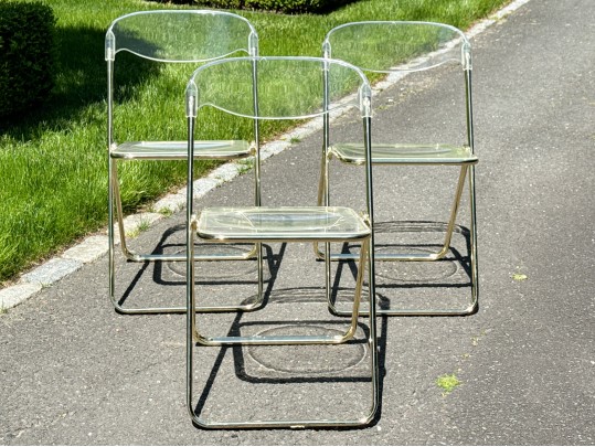 Three Vintage Brass And Acylic Collapsible Side Chairs