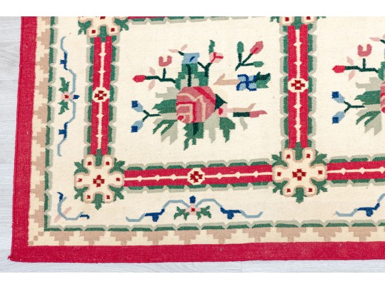 Cream Floral Dhurrie Indian Oriental Rug (8'9