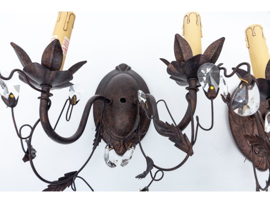 Contemporary Distressed Stamped Metal & Crystal Sconces