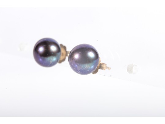 14k Yellow Gold Black Cultured Pearl Stud Earrings