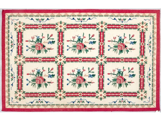 Cream Floral Dhurrie Indian Oriental Rug (8'9