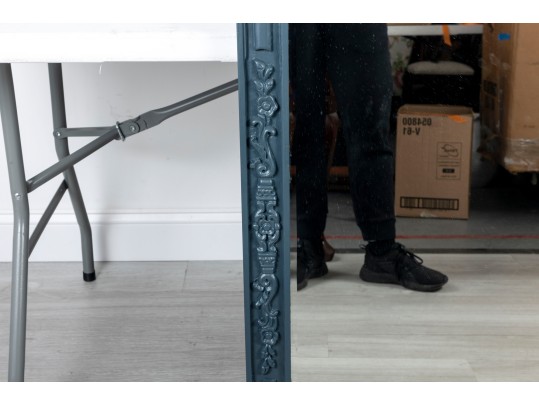 Contemporary Blue Carved Wood Wall Mirror