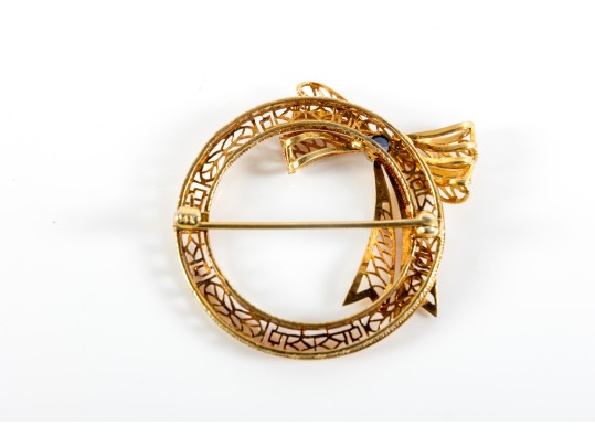 14K Gold & Tanzanite Stone Ribbon Brooch Pin