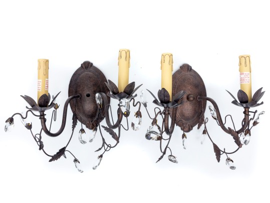 Contemporary Distressed Stamped Metal & Crystal Sconces