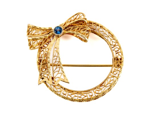 14K Gold & Tanzanite Stone Ribbon Brooch Pin