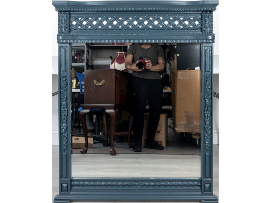 Contemporary Blue Carved Wood Wall Mirror