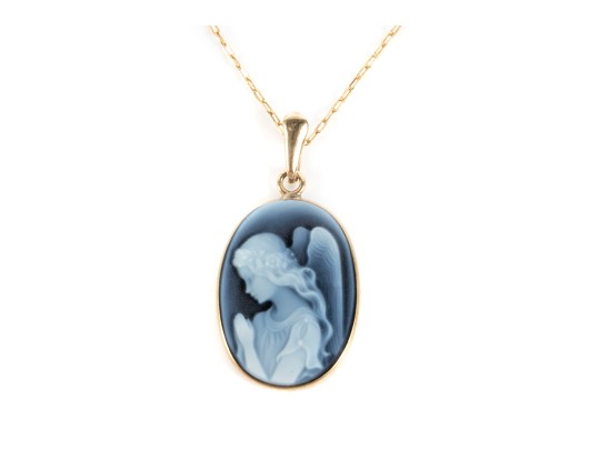 14k Yellow Gold Carved Cameo Guardian Angel Pendant Necklace