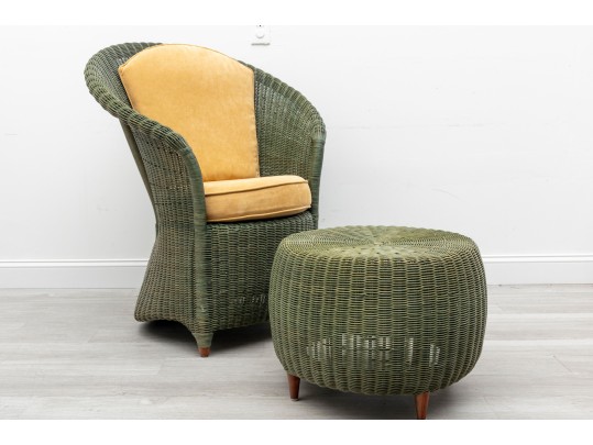 Olive Green Rattan Tub Chair & Ottoman