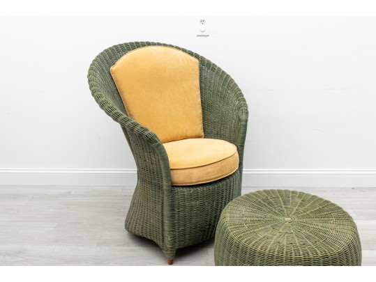 Olive Green Rattan Tub Chair & Ottoman