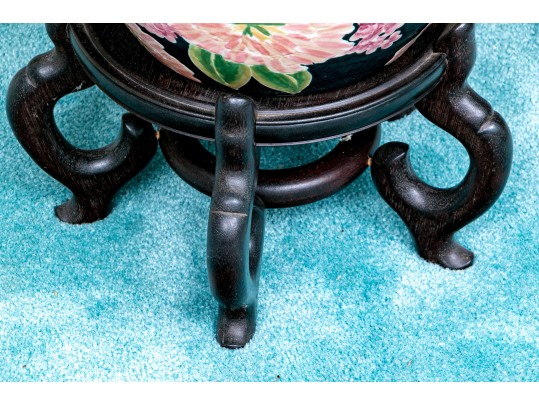 Chinese Famille Rose On Black Ground Porcelain Jardiniere, On Wood Stand, 20th C. 