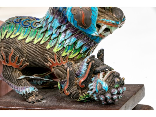 Vintage Chinese Enameled Silver Foo Dogs On Wood Stands