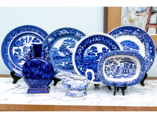 Seven Pieces Of English Blue And White Transfer Ware Ceramics