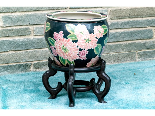 Chinese Famille Rose On Black Ground Porcelain Jardiniere, On Wood Stand, 20th C. 