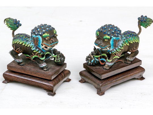Vintage Chinese Enameled Silver Foo Dogs On Wood Stands