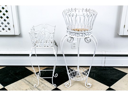 Two Vintage White Painted Wrought Iron Plant Stands
