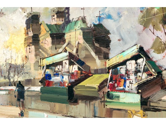 Mid Century Modern Oil On Board, Figural Urban Landscape, Signed