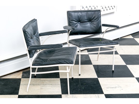 Vintage Pair Of MCM White Finished Outdoor Armchairs With Vinyl Cushions