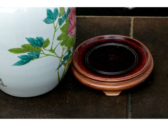 Vintage Chinese Hand Painted Famille Rose Porcelain Jar, On Wood Stand