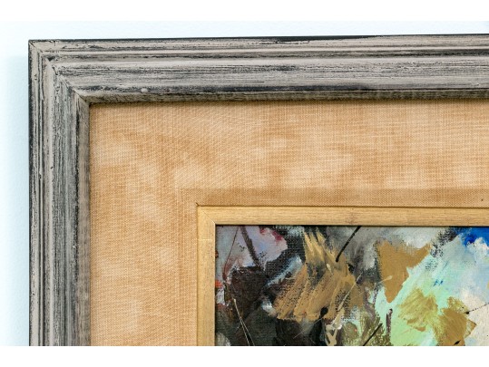 Mid Century Modern Oil On Board, Figural Urban Landscape, Signed