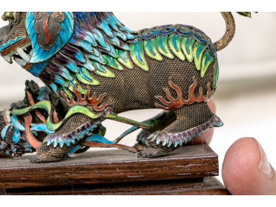 Vintage Chinese Enameled Silver Foo Dogs On Wood Stands