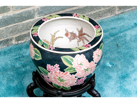 Chinese Famille Rose On Black Ground Porcelain Jardiniere, On Wood Stand, 20th C. 