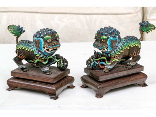 Vintage Chinese Enameled Silver Foo Dogs On Wood Stands