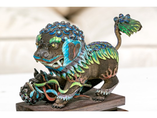 Vintage Chinese Enameled Silver Foo Dogs On Wood Stands