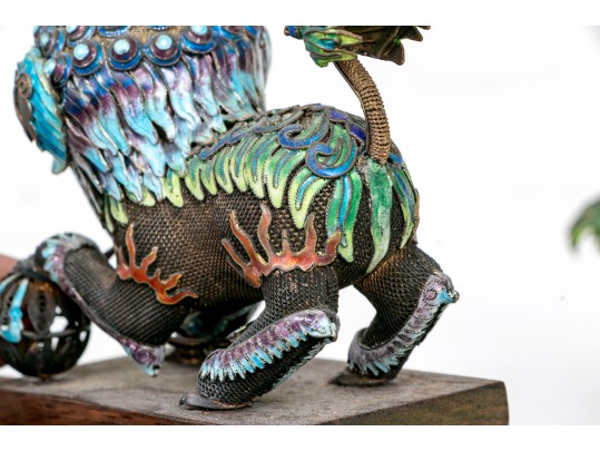 Vintage Chinese Enameled Silver Foo Dogs On Wood Stands