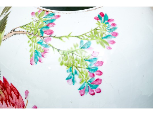 Vintage Chinese Hand Painted Famille Rose Porcelain Jar, On Wood Stand