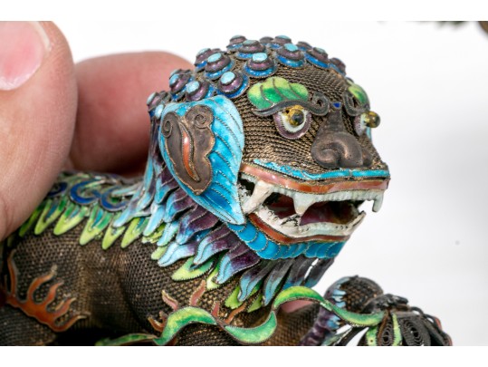 Vintage Chinese Enameled Silver Foo Dogs On Wood Stands