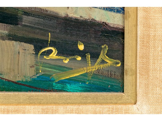 Mid Century Modern Oil On Board, Figural Urban Landscape, Signed