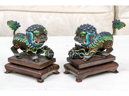 Vintage Chinese Enameled Silver Foo Dogs On Wood Stands