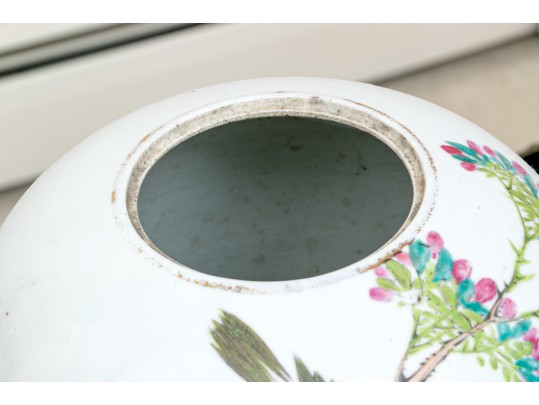 Vintage Chinese Hand Painted Famille Rose Porcelain Jar, On Wood Stand