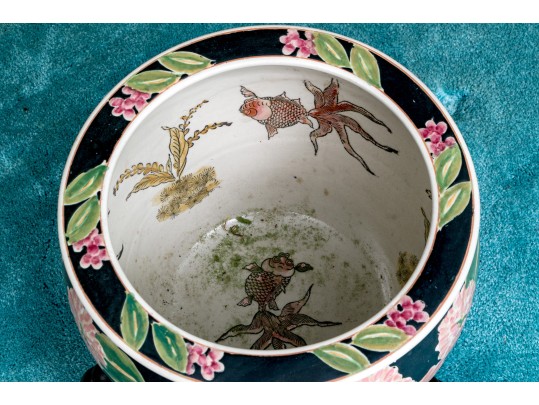 Chinese Famille Rose On Black Ground Porcelain Jardiniere, On Wood Stand, 20th C. 