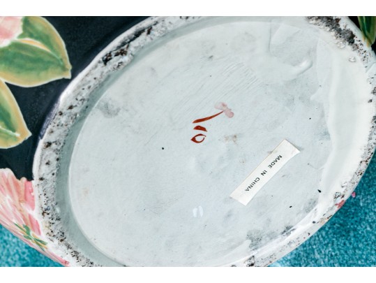 Chinese Famille Rose On Black Ground Porcelain Jardiniere, On Wood Stand, 20th C. 