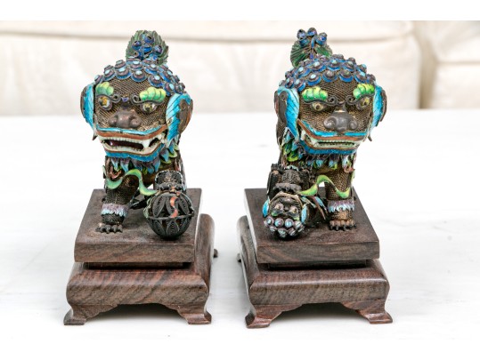 Vintage Chinese Enameled Silver Foo Dogs On Wood Stands