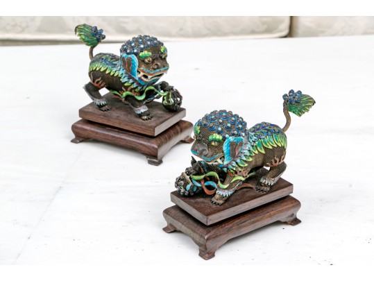 Vintage Chinese Enameled Silver Foo Dogs On Wood Stands