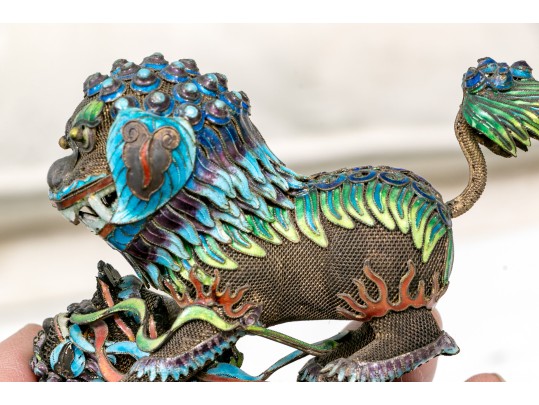 Vintage Chinese Enameled Silver Foo Dogs On Wood Stands