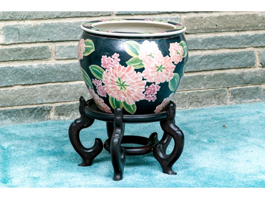 Chinese Famille Rose On Black Ground Porcelain Jardiniere, On Wood Stand, 20th C. 